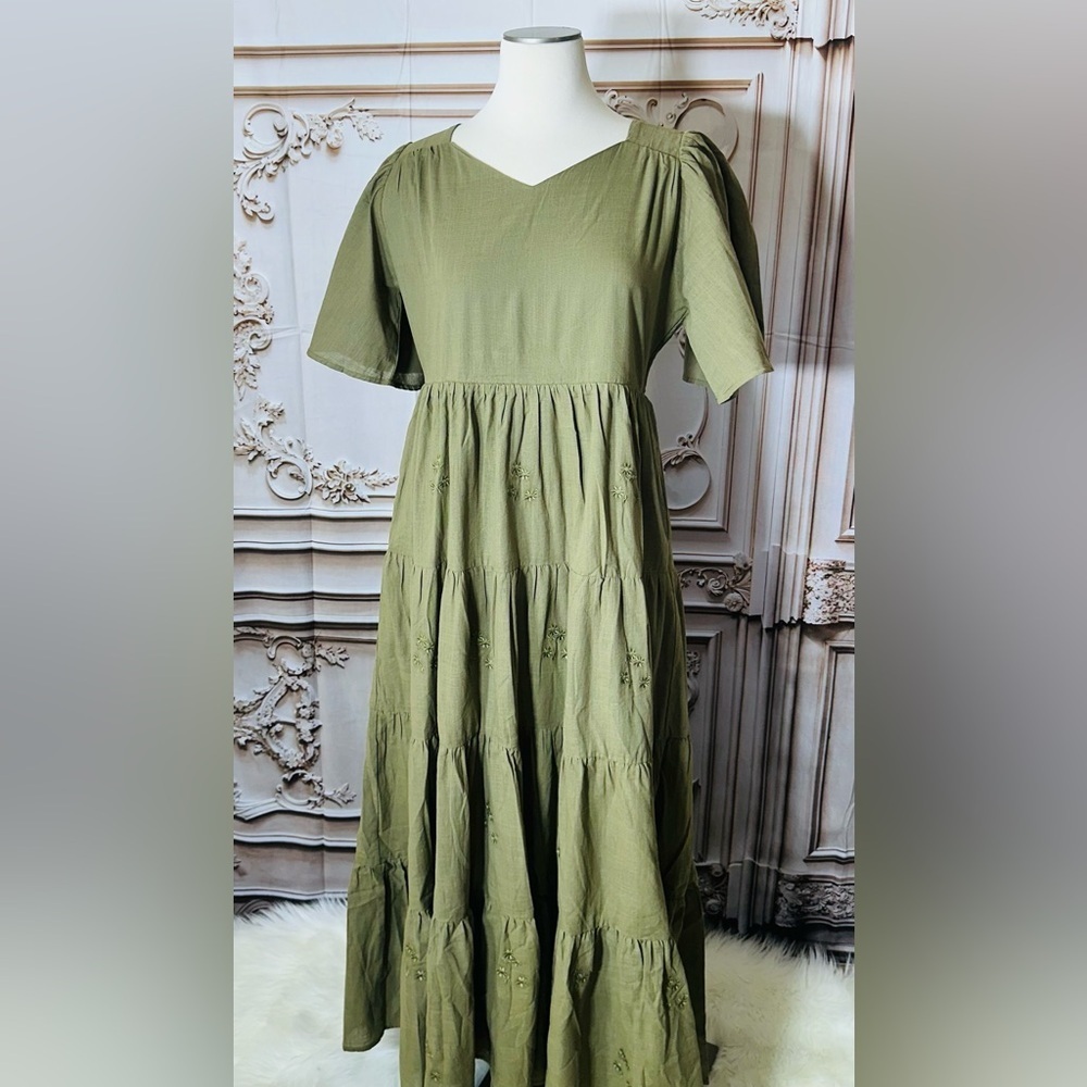 Olive Tiered V-Neck Maxi Dress with Flutter Sleeves - Picture 3 of 8
